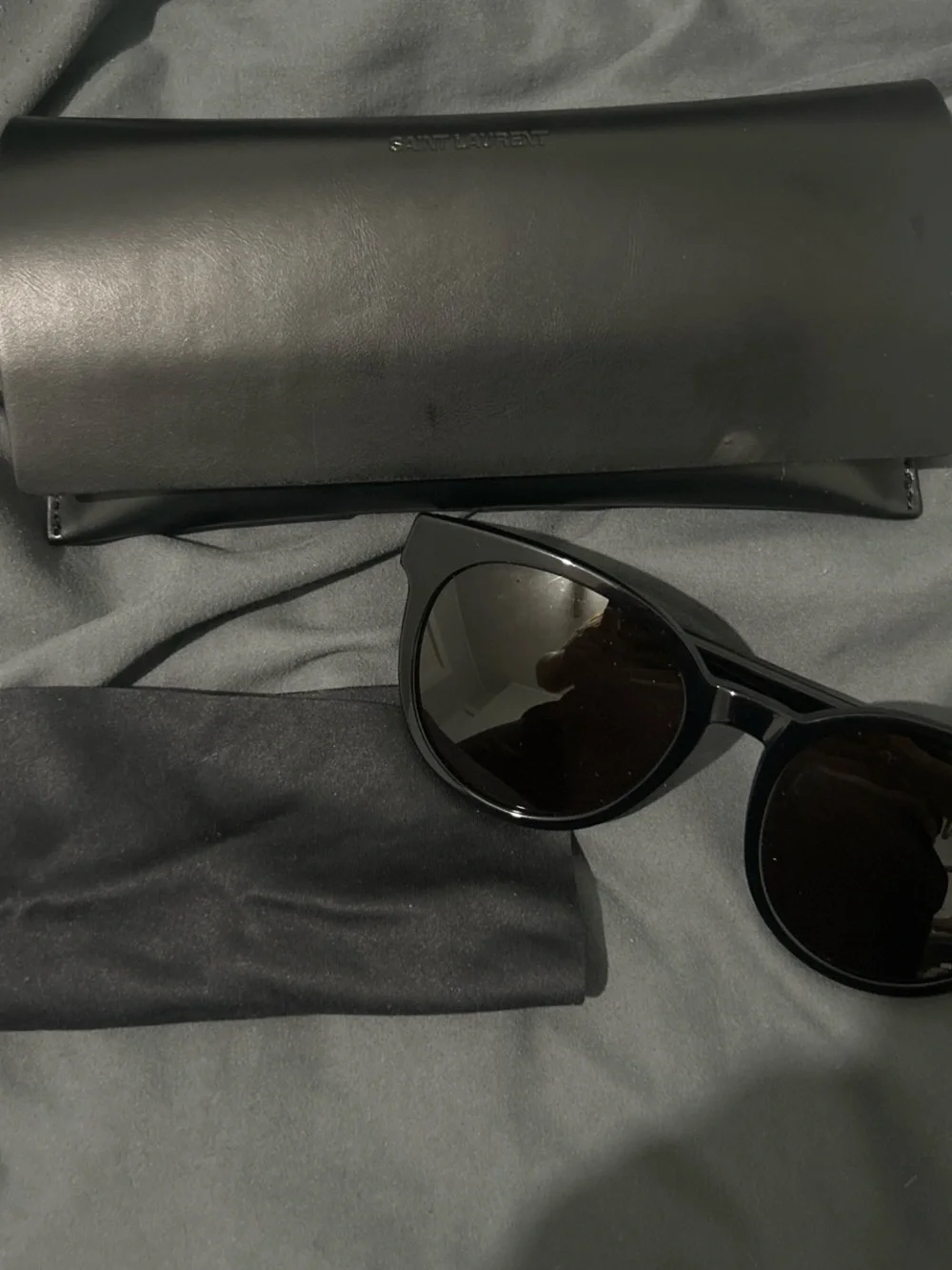 Saint Laurent Black Round Frame Sunglasses with Leather Case